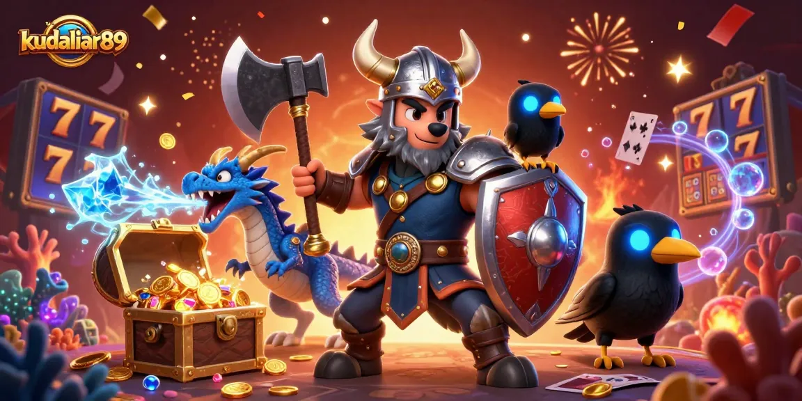 Engage with exciting slot action at kudaliar89 featuring a Viking warrior and dragon amidst treasure and celebration.