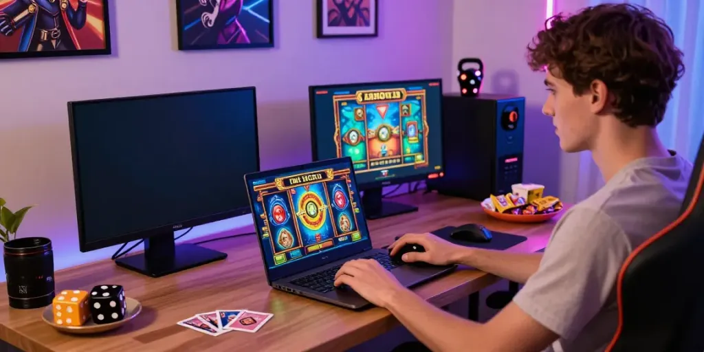 Exciting online gaming experience featuring slot thailand gameplay on a laptop with vibrant graphics.