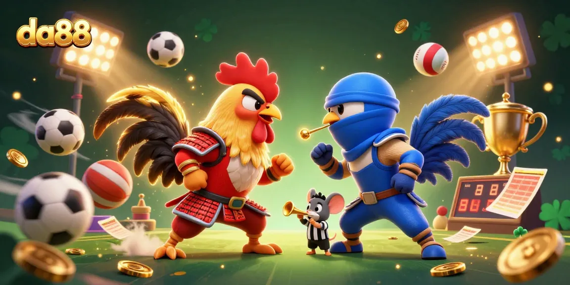 Engage in thrilling bets at da88 with roosters facing off amid dynamic sports elements.