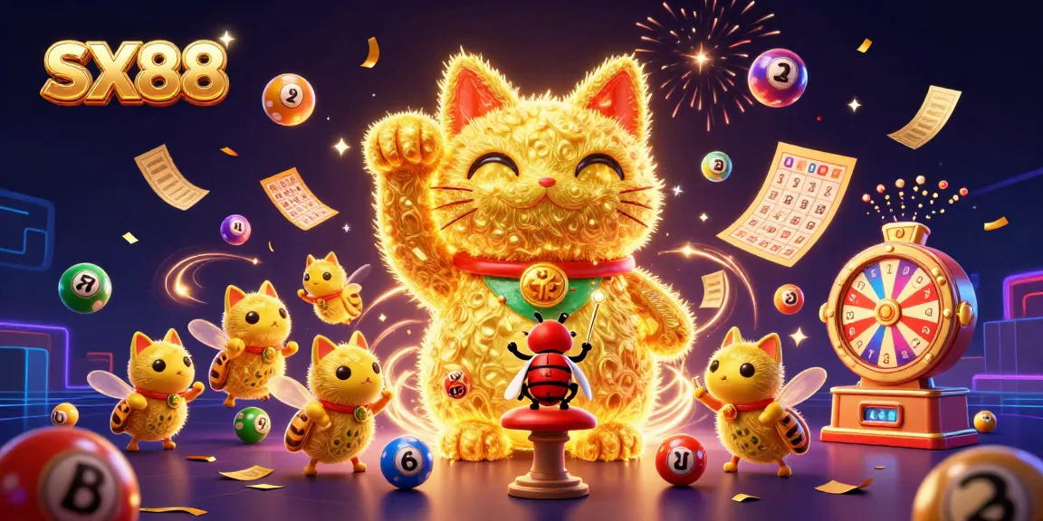 SX88 showcases a whimsical illustration of a lucky cat with casino symbols, symbolizing winning potential in gambling.