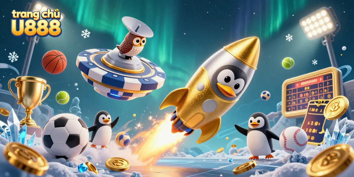 Experience excitement on trang chủ U888 as the golden penguin races to the casino station, amidst sports elements and radiant lights.