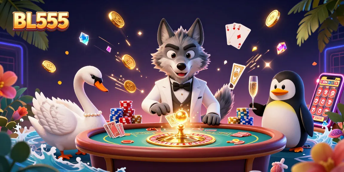 Engage with BL555’s vibrant casino scene featuring a debonair wolf, elegant swan, and sophisticated penguin.