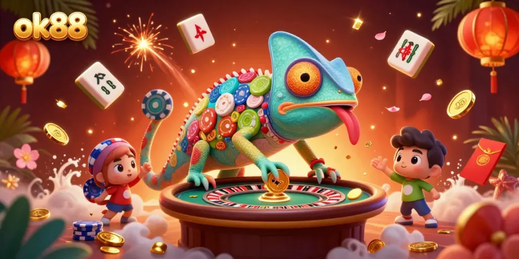 Engage with exciting games at ok88, featuring vibrant casino elements and a colorful chameleon owner.