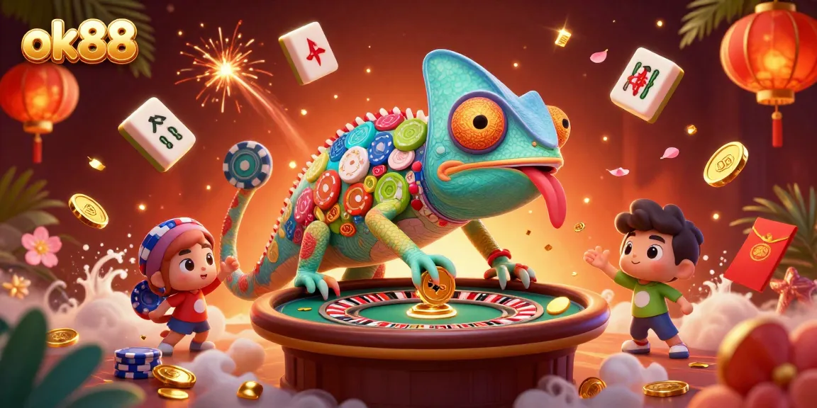 Engage with exciting games at ok88, featuring vibrant casino elements and a colorful chameleon owner.