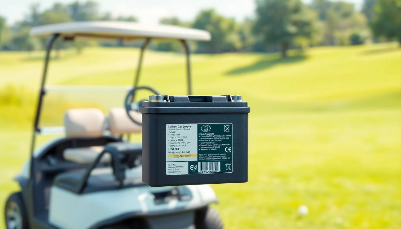 Showcase of lithium golf cart batteries in a golf course setting, highlighting performance and design.