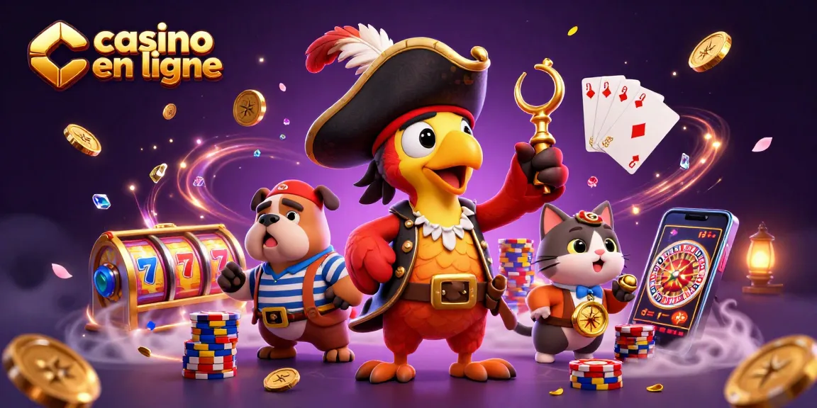 Illustration dynamique d'un pirate, bulldog et chat naviguant dans un casino en ligne avec des gains étincelants.