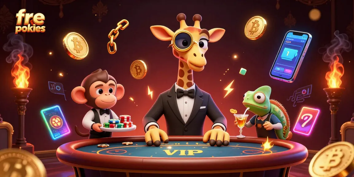 Experience thrilling freepokies action with a giraffe, monkey, and chameleon in a vibrant casino scene.