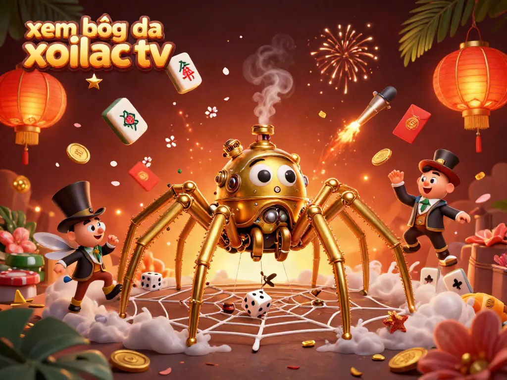 Xem bóng đá xoilac tv illustration featuring a steampunk spider and Victorian gentleman in a rich, dynamic gambling scene.