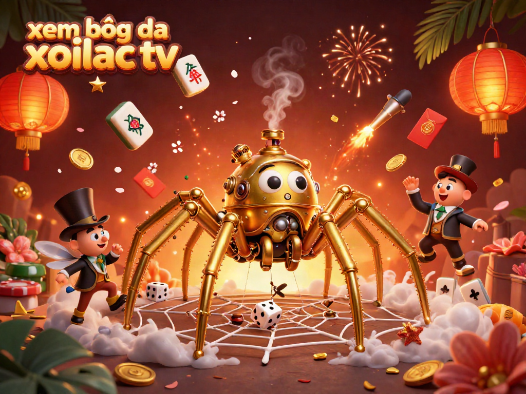 Xem bóng đá xoilac tv illustration featuring a steampunk spider and Victorian gentleman in a rich, dynamic gambling scene.