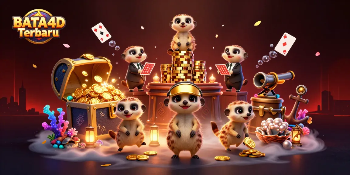 BATA4D Terbaru showcases playful meerkats running a vibrant casino with gold coins and gems flying around.