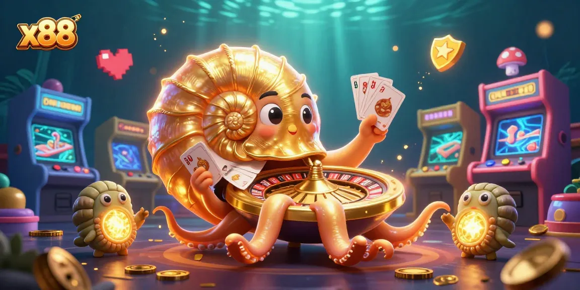 Engage with x88's exciting gaming world featuring colorful characters and energetic casino elements.