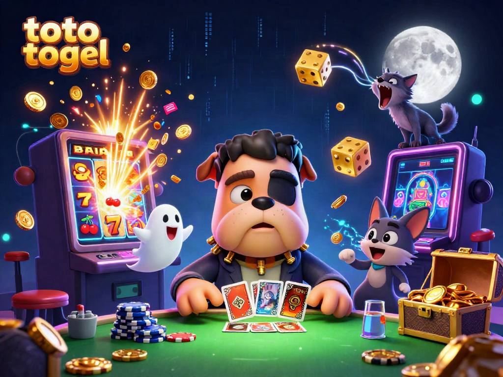 Toto togel scene featuring a Frankenstein bulldog dealing cards at a casino table with dynamic gaming elements.