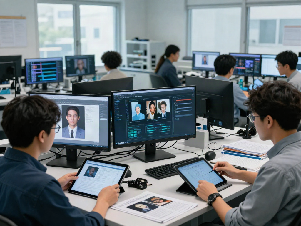 Team analyzing AI-Generated Image Detection software in a modern lab environment, showcasing advanced forensic techniques.