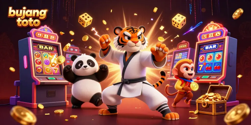 Engage with the thrilling bujang toto adventure featuring a kung fu tiger, panda disciple, and a monkey.