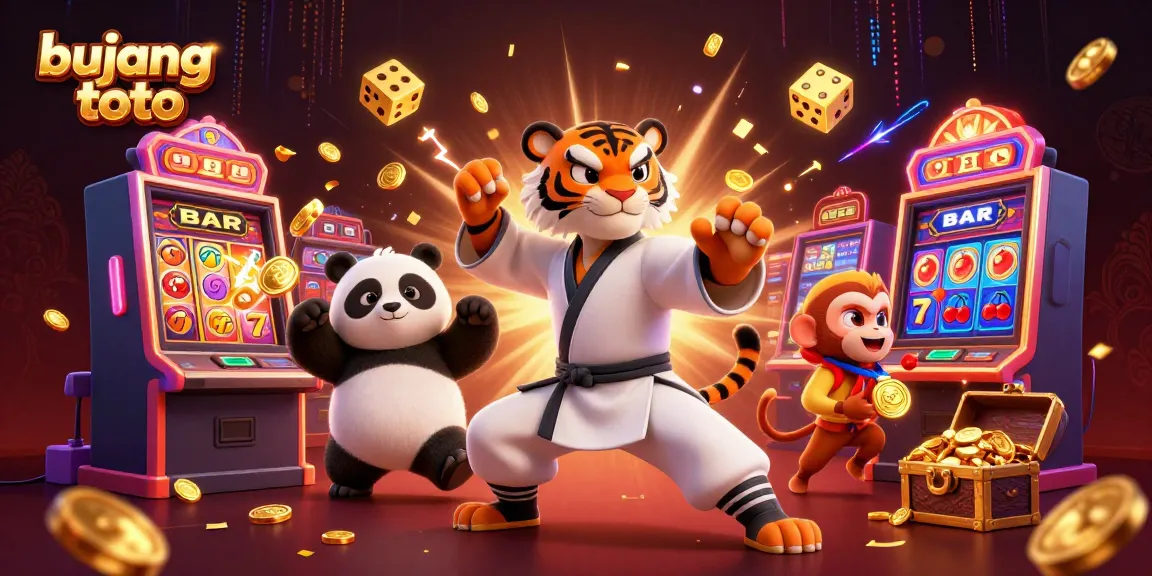 Engage with the thrilling bujang toto adventure featuring a kung fu tiger, panda disciple, and a monkey.