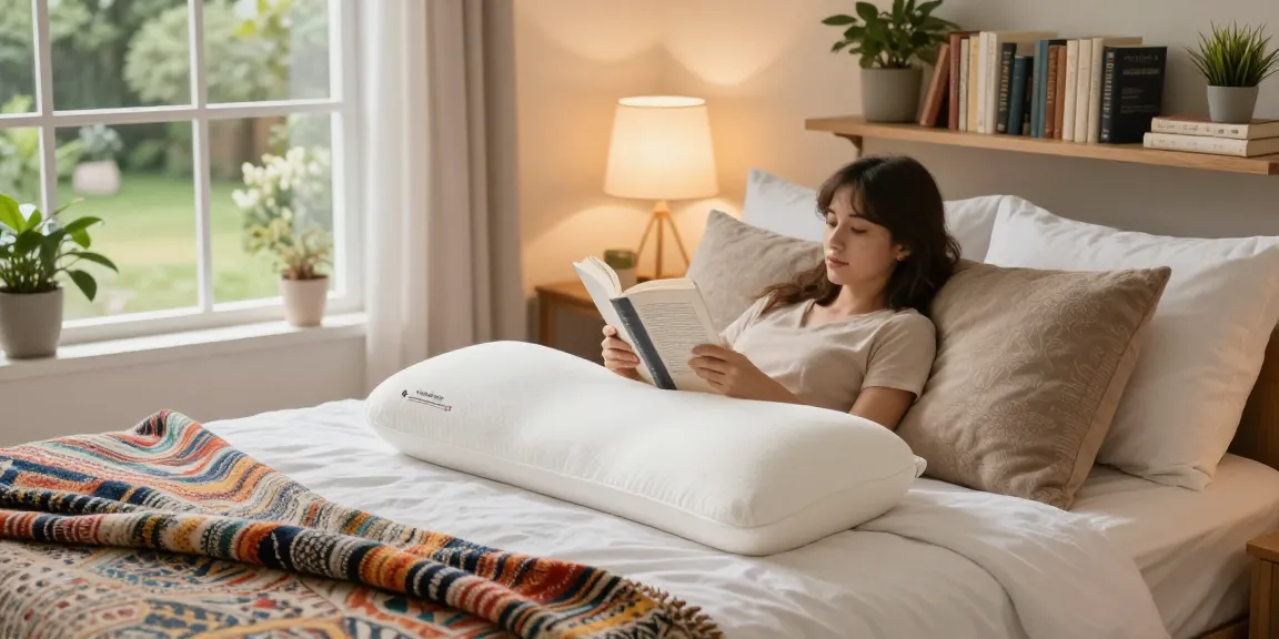 Relaxing with a custom body pillow in a cozy bedroom setting, surrounded by soft lighting and decor.