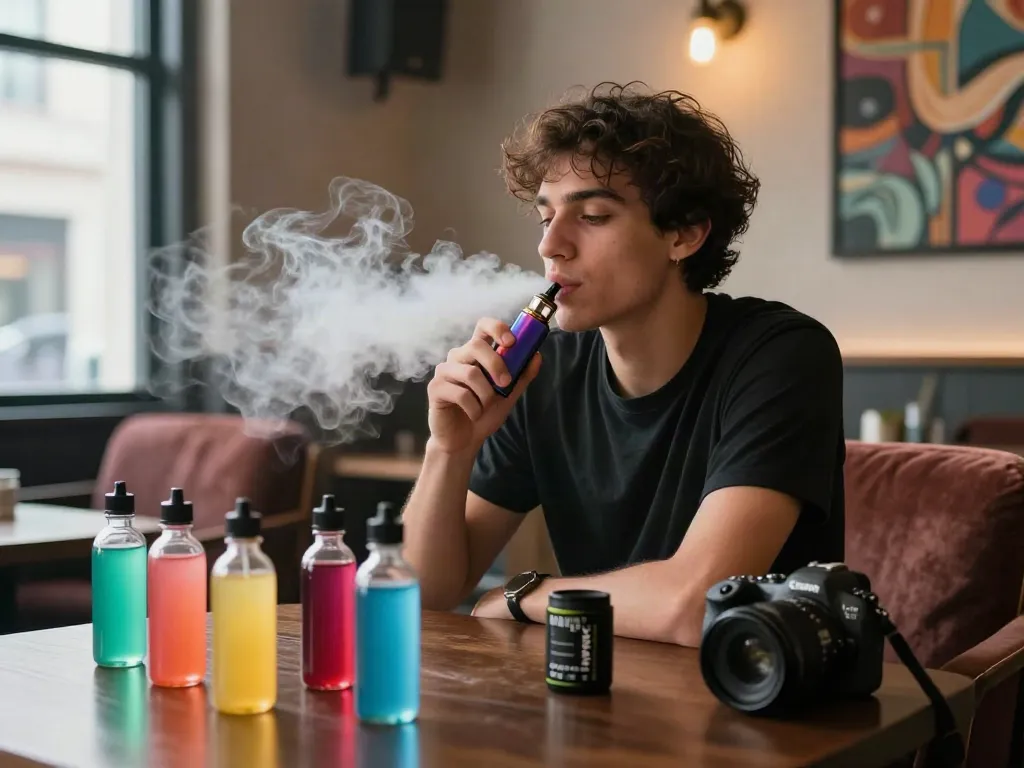 Enjoying a smooth puff of alternativ vape juice in a stylish lounge.