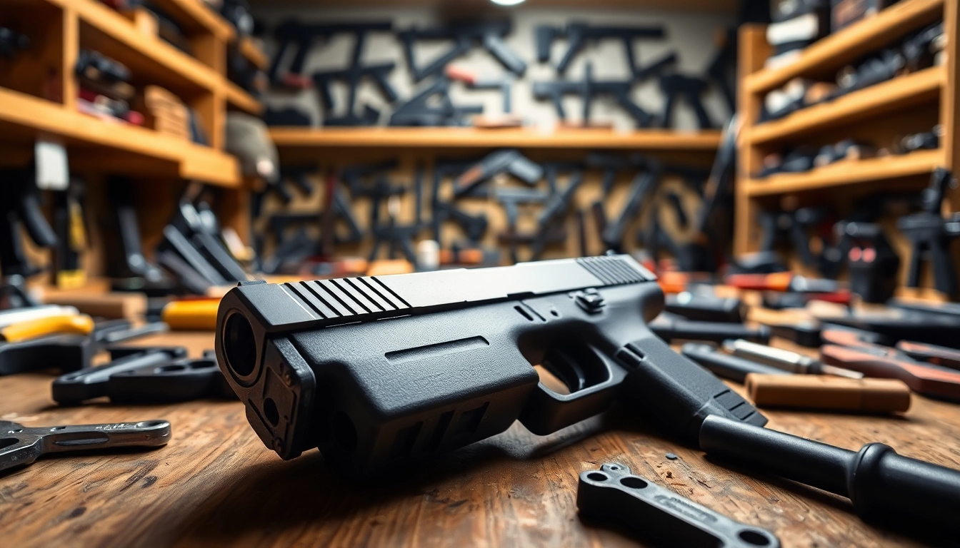 Display of a glock 17 slide oem on a workbench, highlighting its craftsmanship and detail.