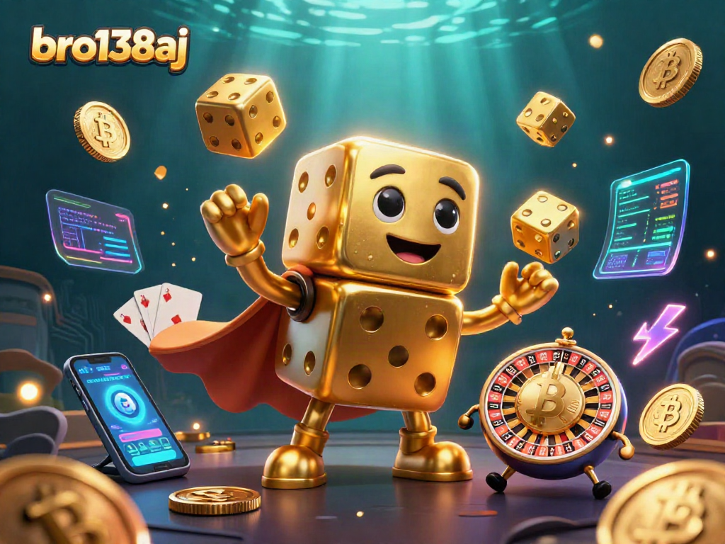 Engage with bro138aj's thrilling casino dynamics through vibrant 3D gold dice and crypto elements.