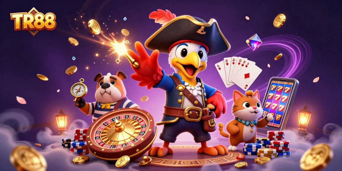 Experience excitement at TR88 with a vibrant 3D casino scene filled with characters and dynamic gambling elements.