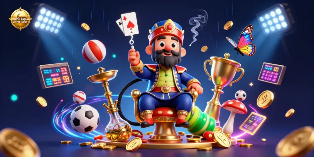 Explore deneme bonusu veren siteler with a 3D illustration of a caterpillar sultan in a dynamic casino scene.