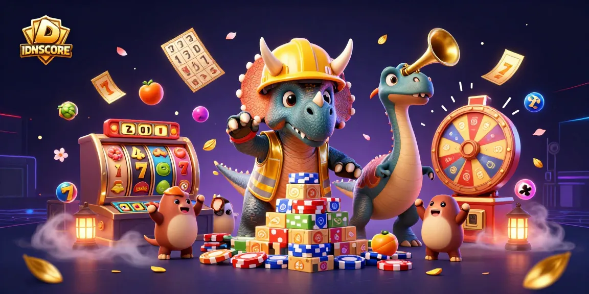 IDNSCORE showcases thrilling slot action with vibrant characters celebrating wins.