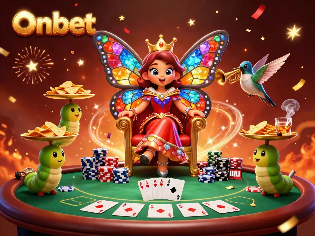 Engage with Onbet in a lively casino scene filled with color and excitement, showcasing a vibrant butterfly queen.