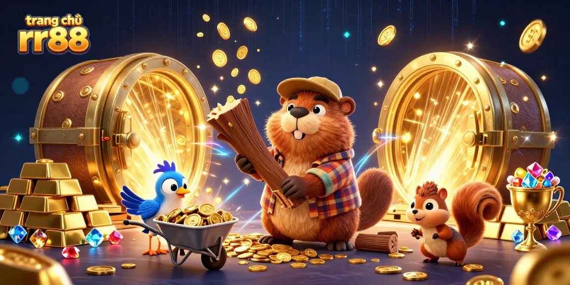Engaging scene illustrating trang chủ rr88 with a lumberjack beaver, bird, and squirrel in a gambling-themed environment.