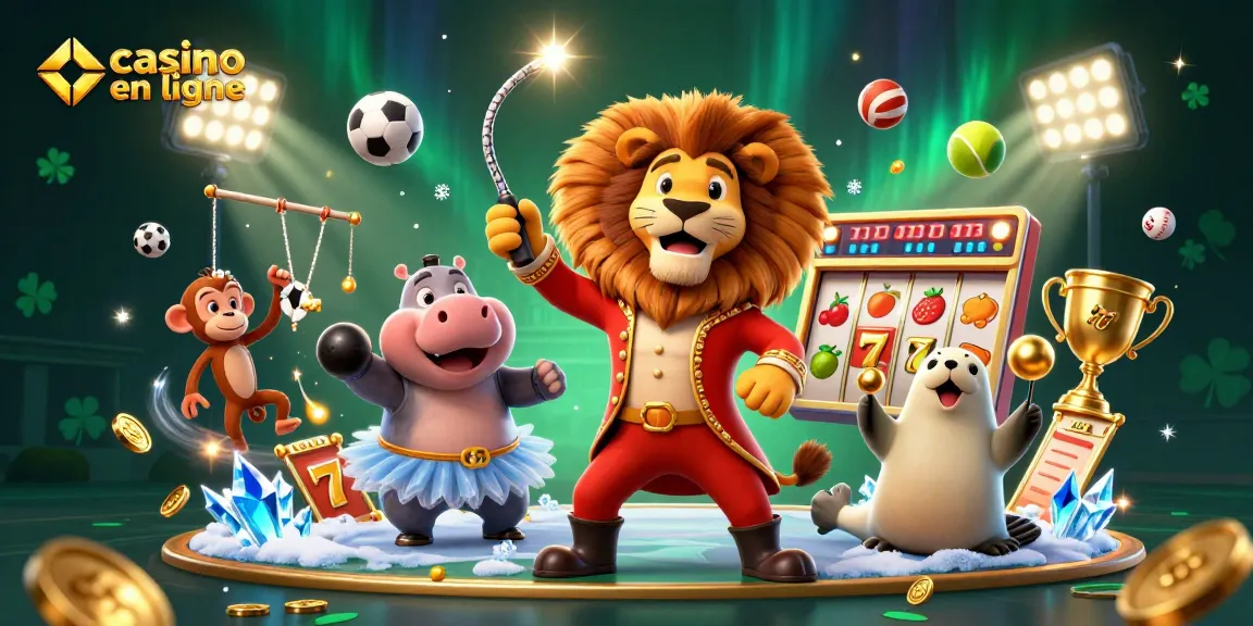 Plongez dans l'univers vibrant de casino en ligne avec un lion maître de cérémonie entouré de personnages captivants.