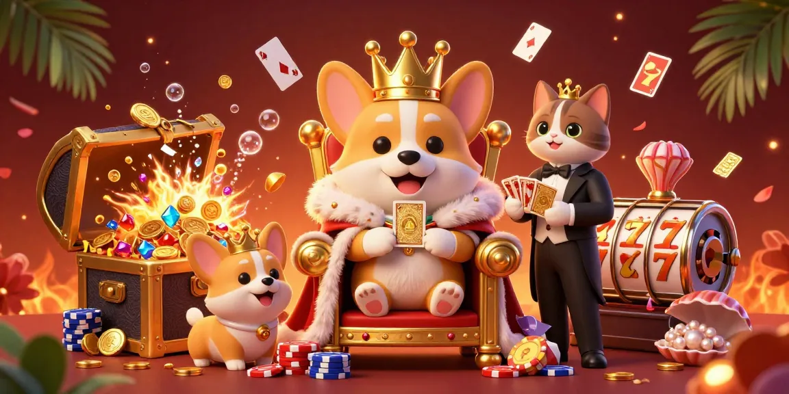 Experience thrilling wins with Sunwin, featuring a regal corgi, cards, and colorful gems in a vibrant casino scene.