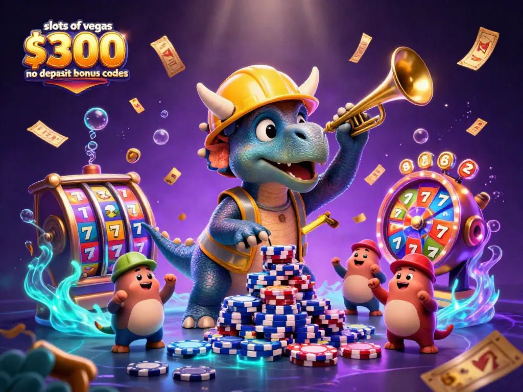 Engage with vibrant slots of vegas $300 no deposit bonus codes, featuring a festive scene of dinosaurs celebrating jackpots.
