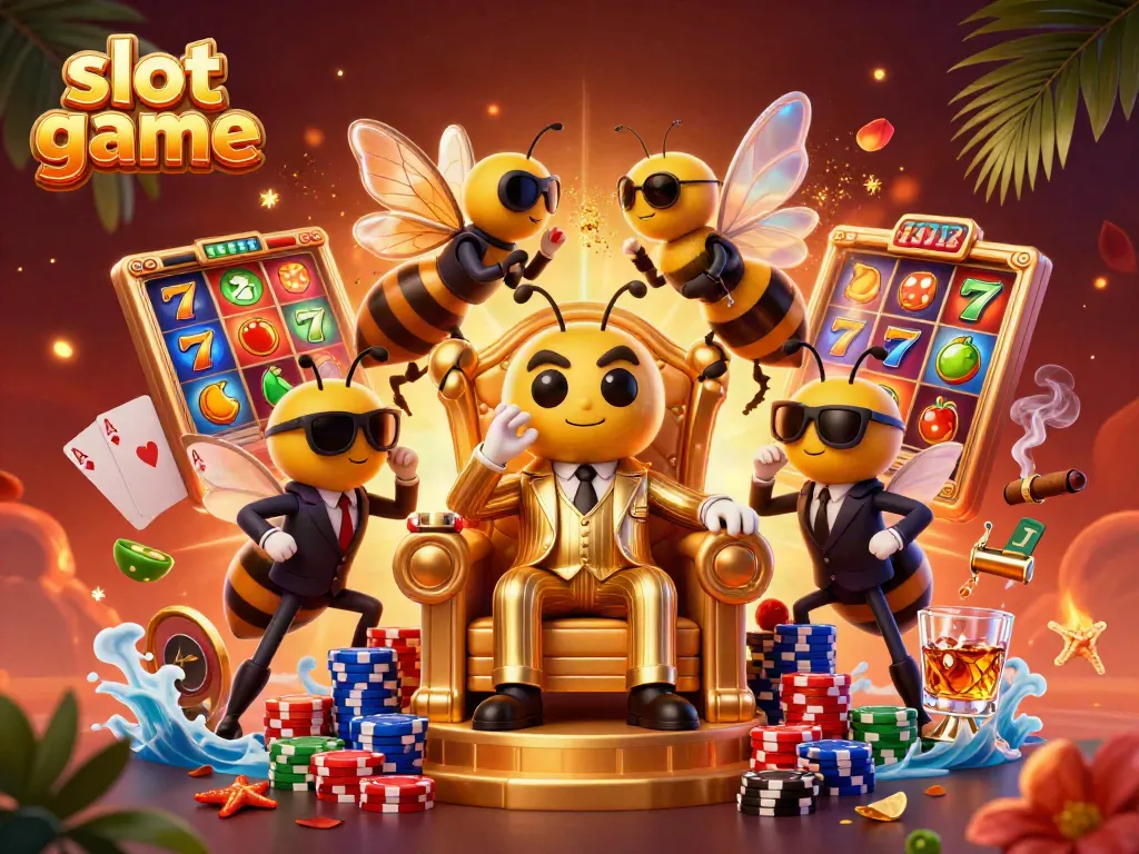 Experience an exciting slot game scene with buzzing characters in a hive, surrounded by vibrant symbols.