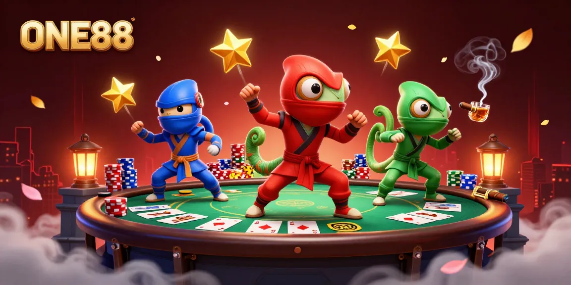 Engage with ONE88's thrilling world of poker action featuring dynamic ninja chameleons.
