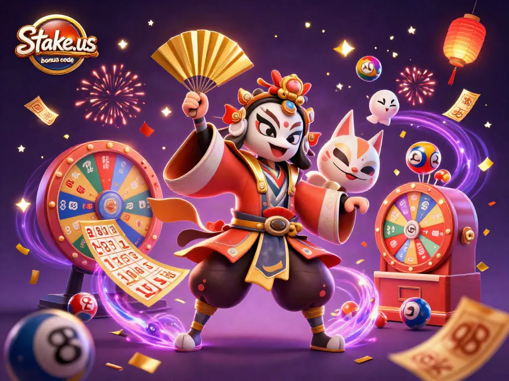 Play with the stake.us bonus code in a vibrant casino-themed 3D illustration, featuring fun lottery elements.