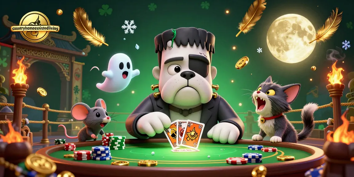 Engage with cntryhomeassistedliving's thrilling card games led by a whimsical Frankenstein bulldog in a vibrant casino scene.