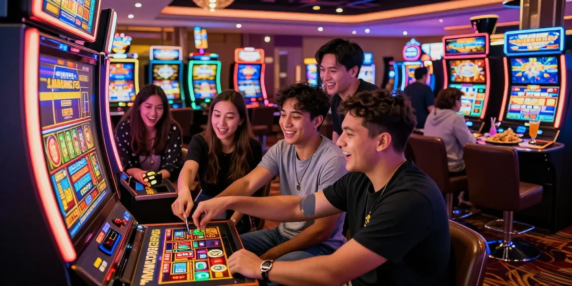 Group celebrating their win at Slot MAHJONGJP88 in a lively casino.