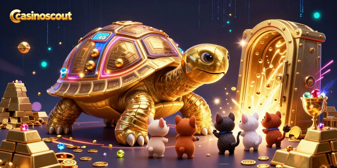 casinoscout reveals a lively 3D scene of a colossal golden tortoise pinball machine surrounded by excited animals.