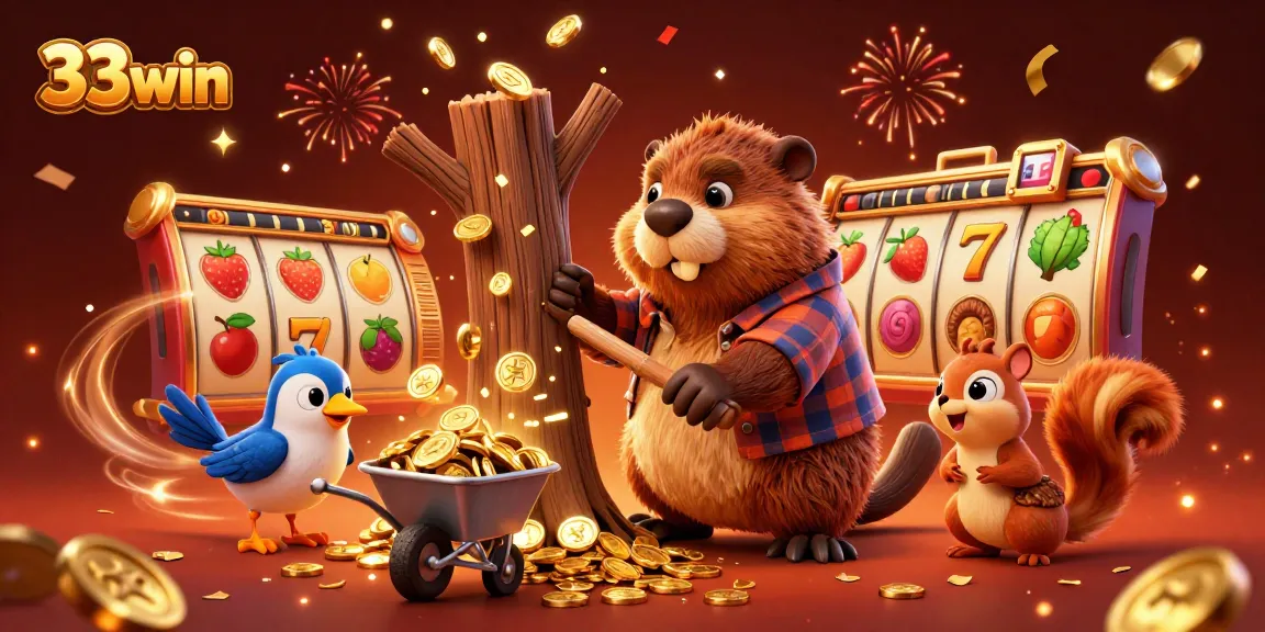 Win big with 33win: A 3D illustration of a cheerful beaver celebrating with coins and slot reels.