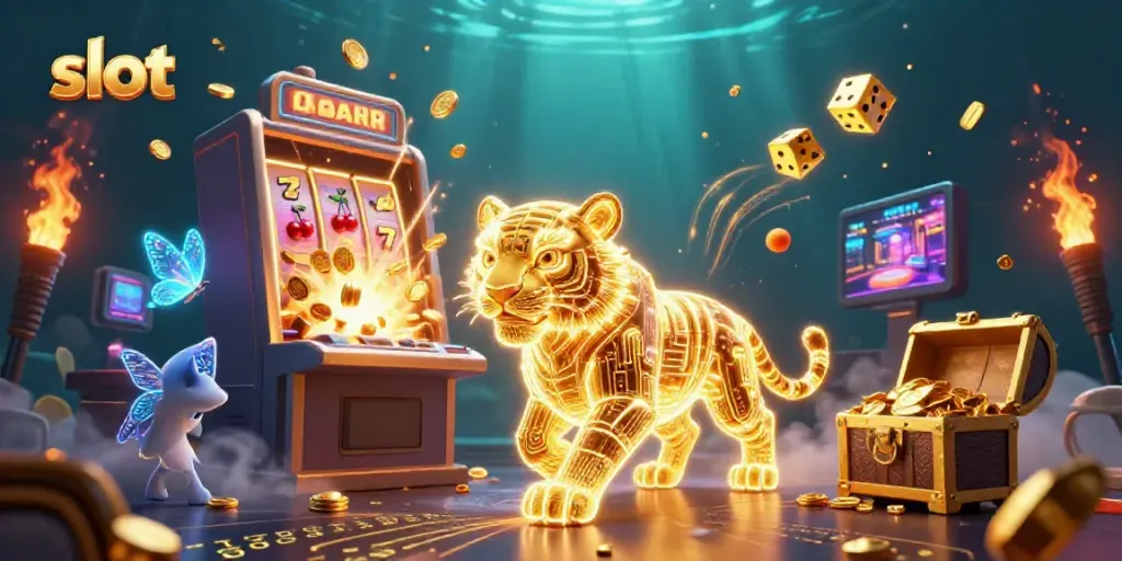 Mesin slot 3D dengan jackpot bertaburan koin, dipimpin oleh harimau neon, memberikan pengalaman kasino yang menyenangkan.