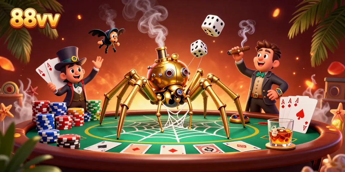 Engage with 88vv's unique gambling experience featuring a steampunk spider and poker excitement.