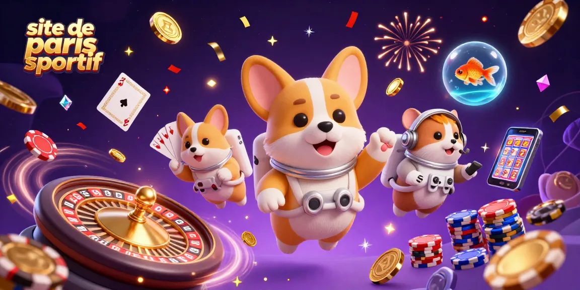 Pari sur un site de paris sportif avec un corgi astronaute, des jetons flottants et une ambiance festive.