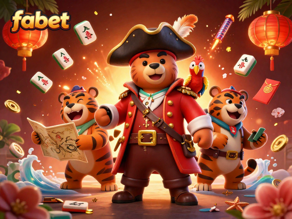 Experience thrilling gameplay at fabet with a joyful scene of a pirate bear, his tiger mate, and golden accents.