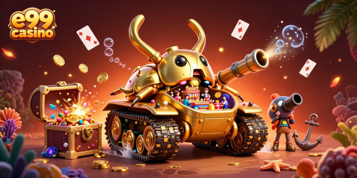 Enjoy the vibrant e99 casino scene with a golden beetle tank revealing a miniature casino.