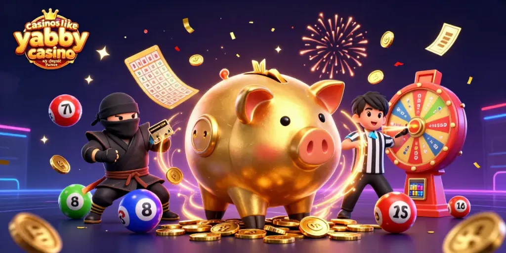 Engaging illustration of casinos like yabby casino no deposit bonus featuring vibrant characters and dynamic gambling elements.