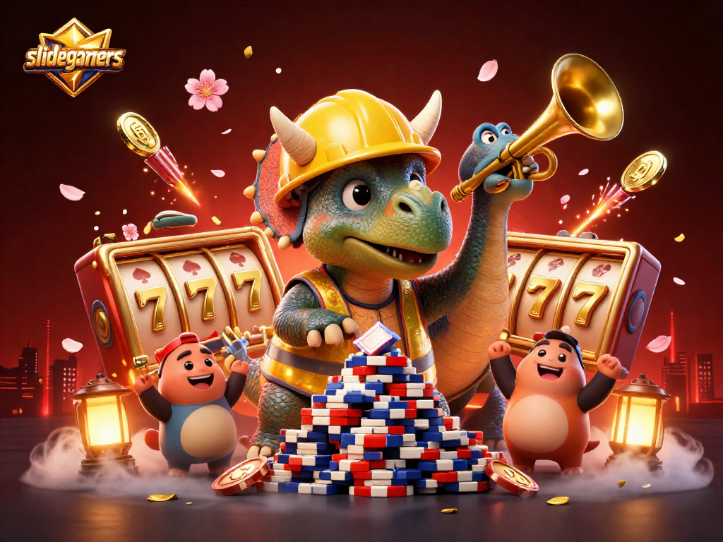 Engage in thrilling gameplay with Slidegamers as vibrant casino characters celebrate big wins!