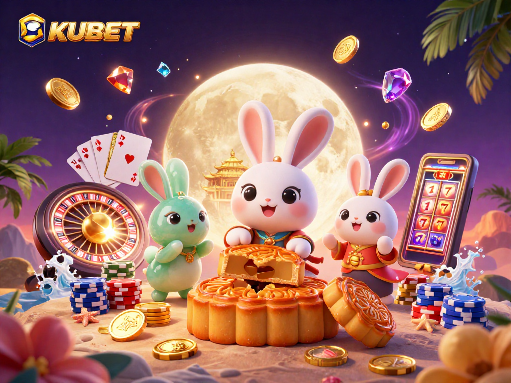 KUBET players enjoying a vibrant fantasy casino experience with a moon rabbit and poker chips.