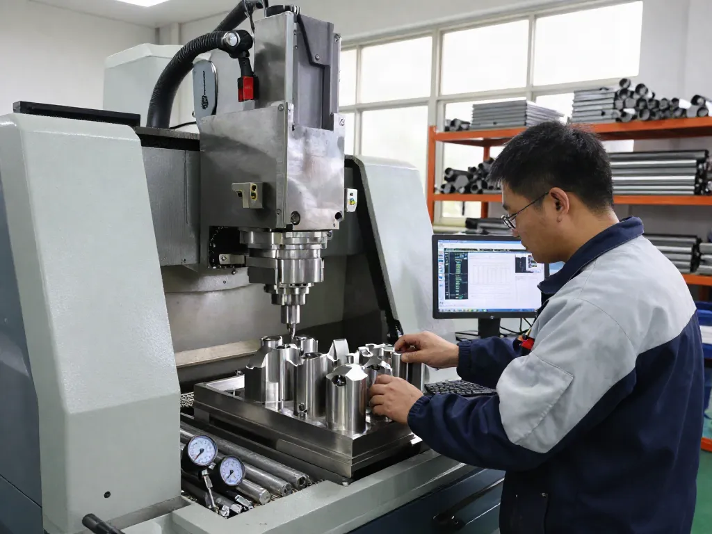 Machined stainless steel parts being produced in a professional CNC workshop with skilled technicians at work.