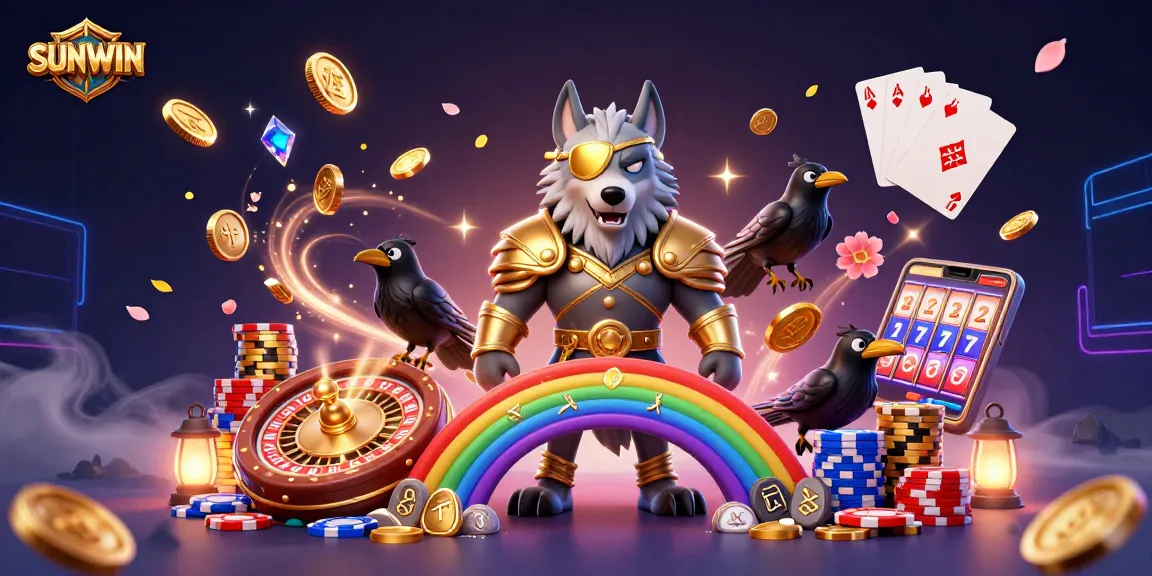 SUNWIN presents a dazzling display with the Odin wolf and ravens amid a vibrant casino scene.