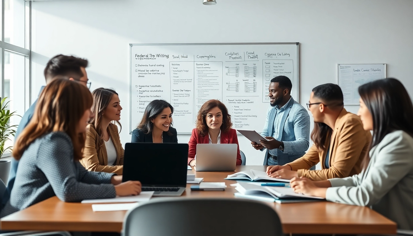 Presenting AI proposal writing software for federal contracts in a collaborative business setting with a diverse team.