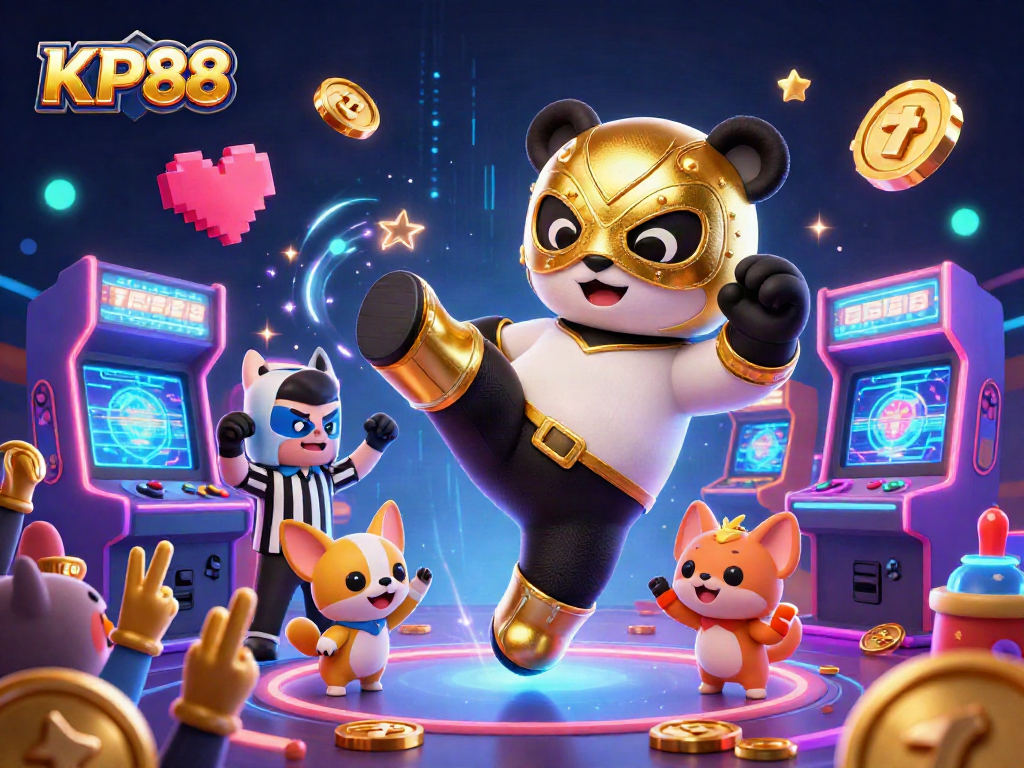 Experience the excitement of KP88 with a panda wrestler surrounded by casino game elements